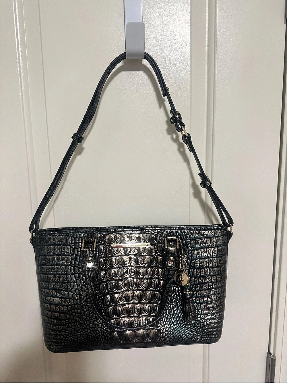 Brahmin Stephie Shoulder Bag Crocodile Embossed Tote Black